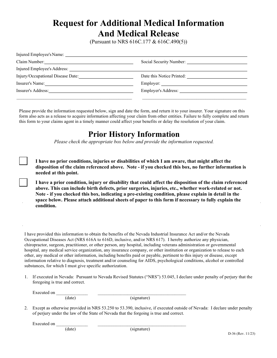 Form D-36 Request for Additional Medical Information and Medical Release - Nevada, Page 1