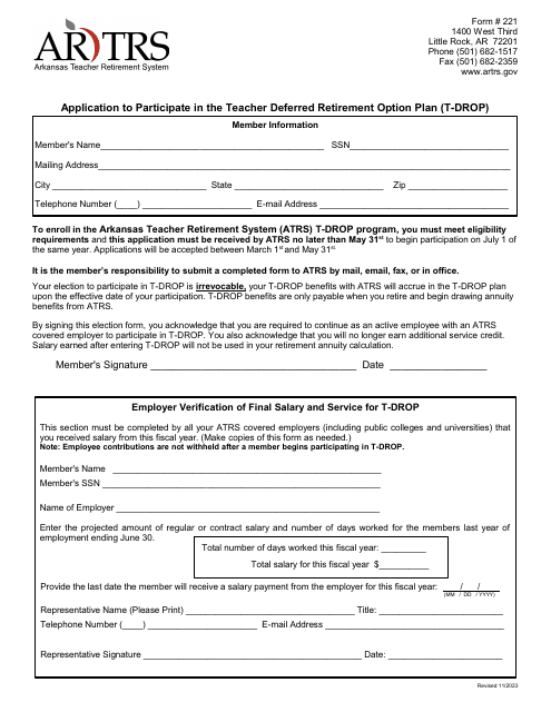 Form 221 Application to Participate in the Teacher Deferred Retirement Option Plan (T-Drop) - Arkansas