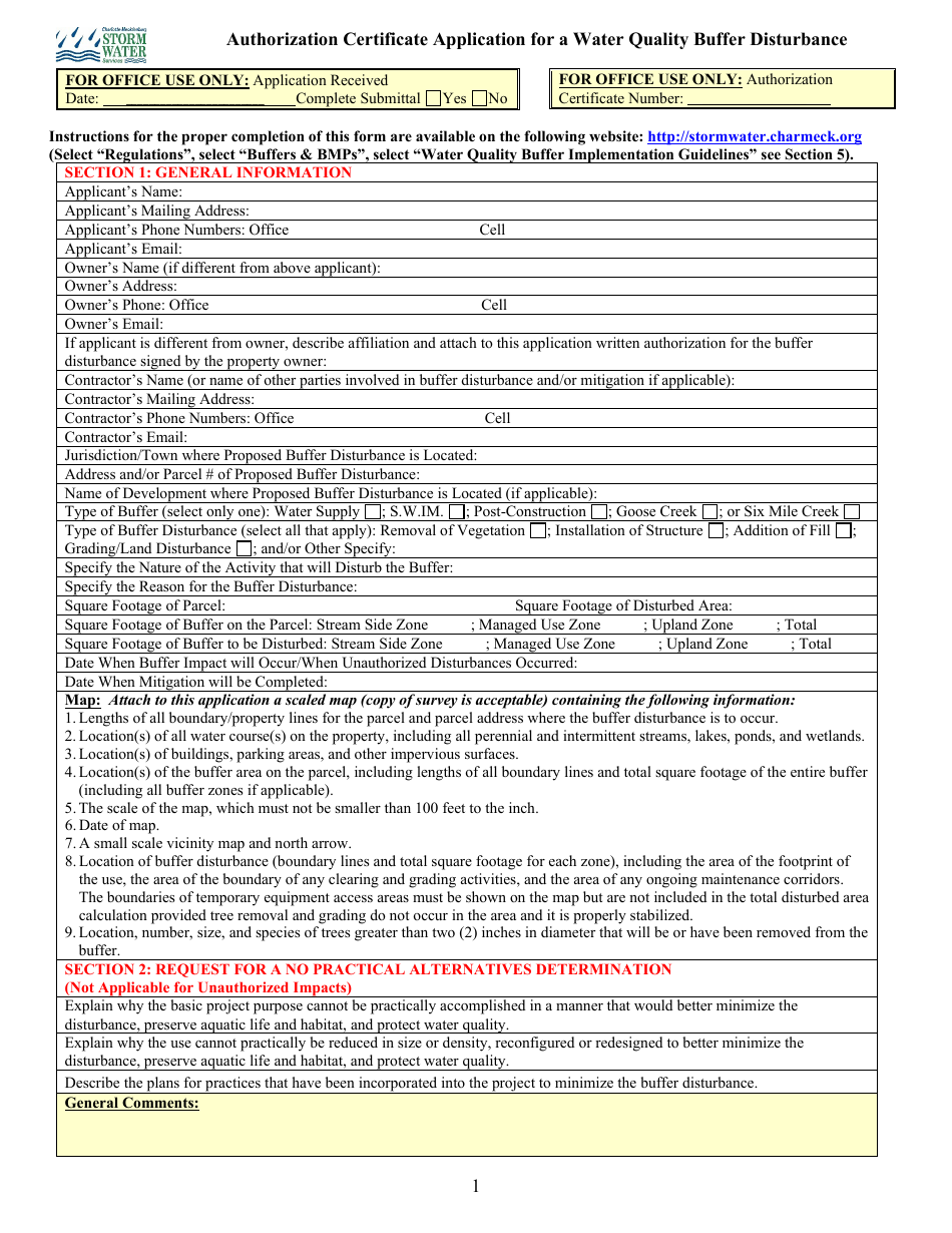 Authorization Certificate Application for a Water Quality Buffer Disturbance - City of Charlotte, North Carolina, Page 1