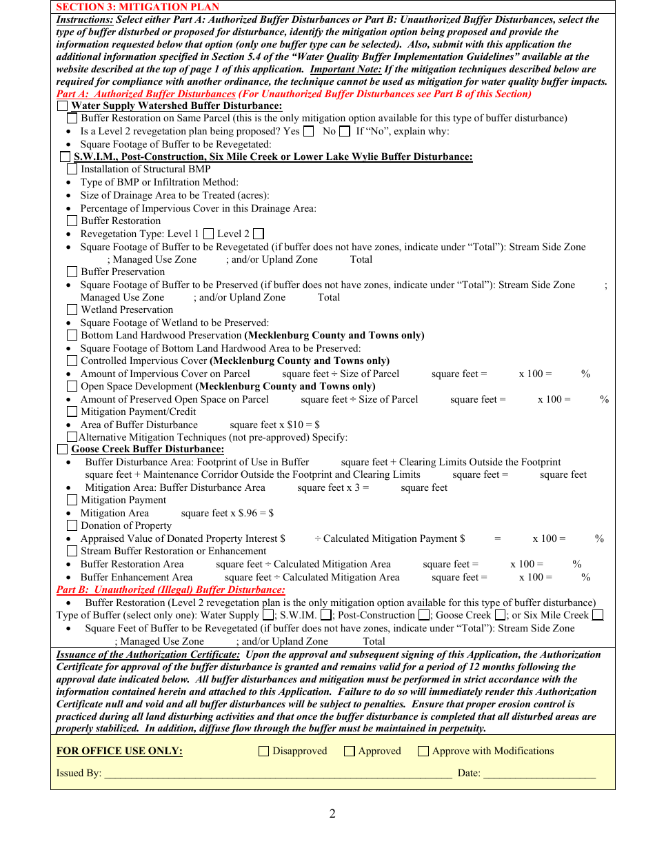 Authorization Certificate Application for a Water Quality Buffer Disturbance - City of Charlotte, North Carolina, Page 2