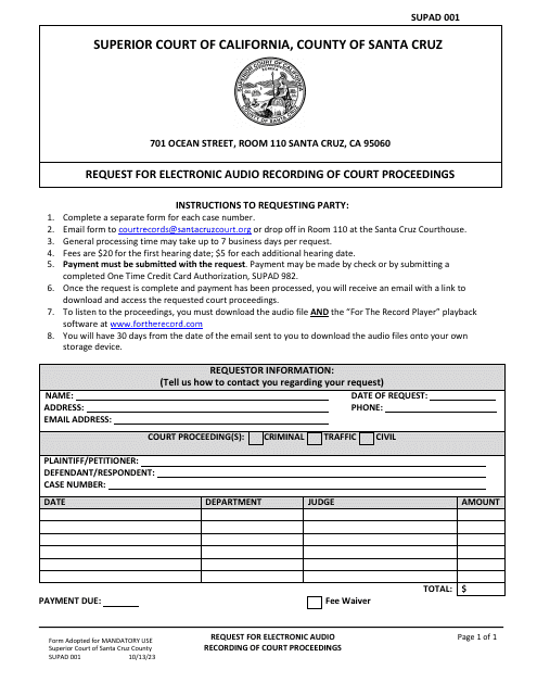 Form SUPAD001 Request for Electronic Audio Recording of Court Proceedings - Santa Cruz County, California