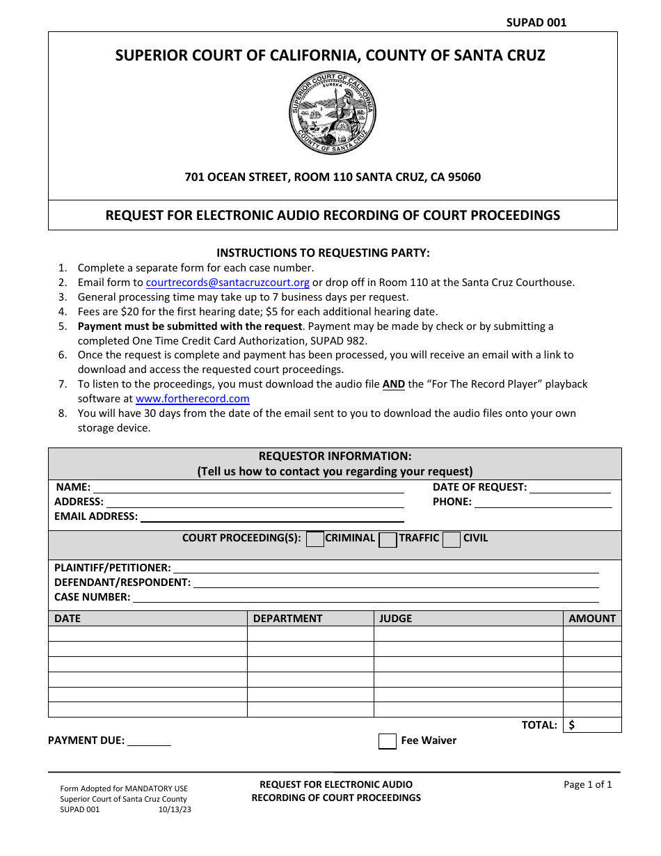 Form SUPAD001 Request for Electronic Audio Recording of Court Proceedings - Santa Cruz County, California, Page 1