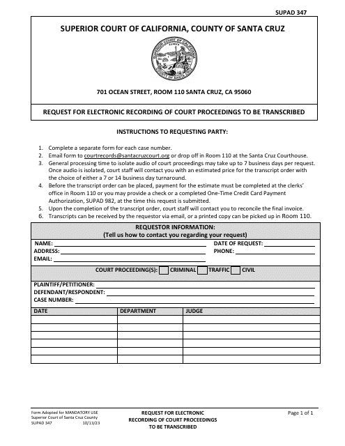 Form SUPAD347 Request for Electronic Recording of Court Proceedings to Be Transcribed - Santa Cruz County, California