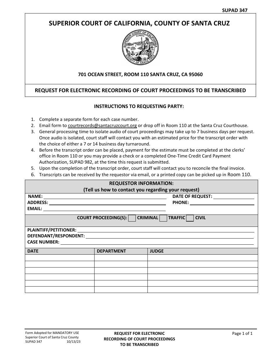 Form SUPAD347 Fill Out, Sign Online and Download Fillable PDF, Santa