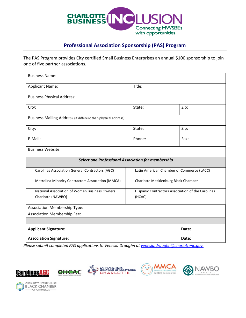 Professional Association Sponsorship (Pas) Program Application - City of Charlotte, North Carolina, Page 1