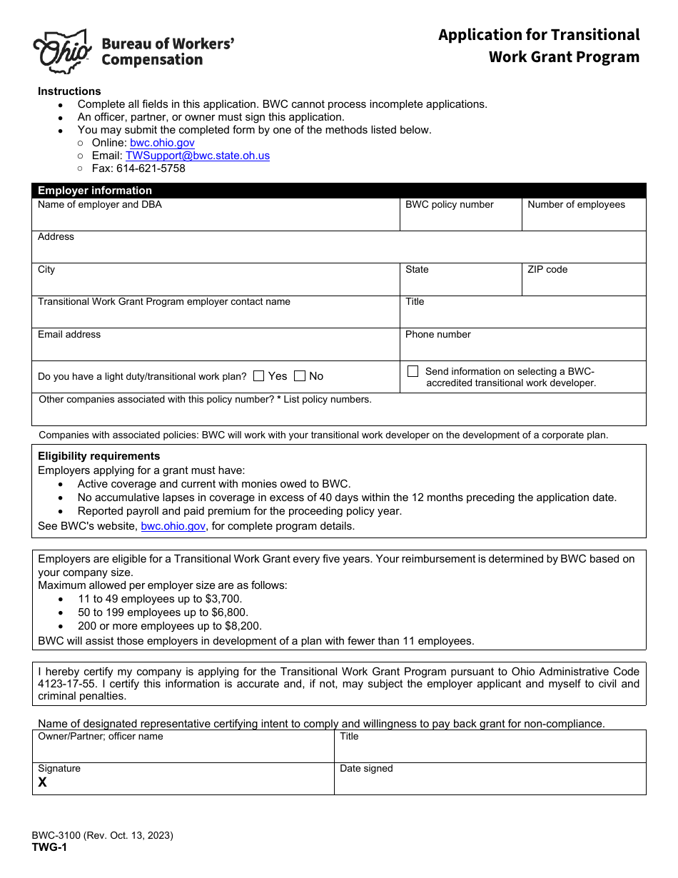Form TWG-1 (BWC-3100) Application for Transitional Work Grant Program - Ohio, Page 1