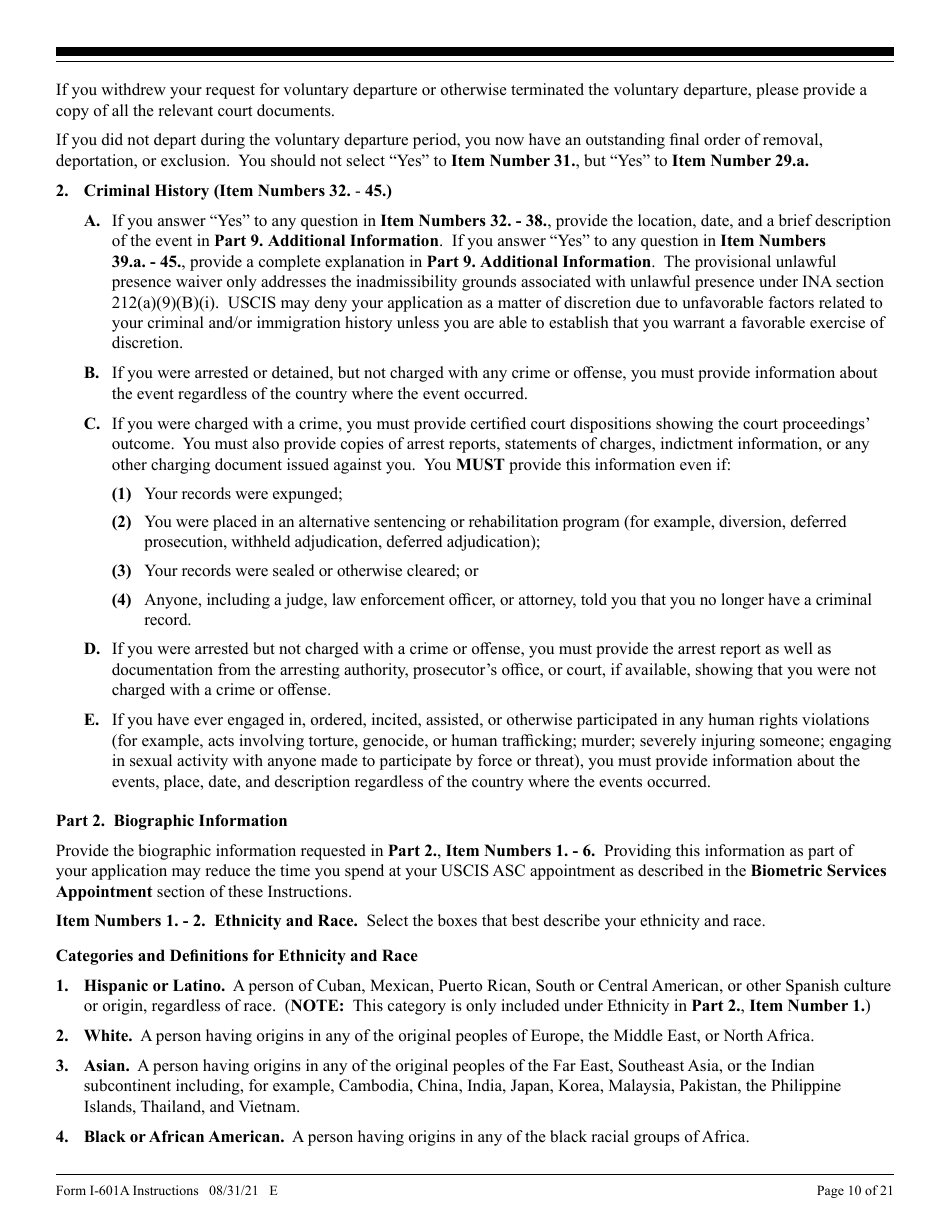 Instructions for USCIS Form I-601A Application for Provisional Unlawful Presence Waiver, Page 10