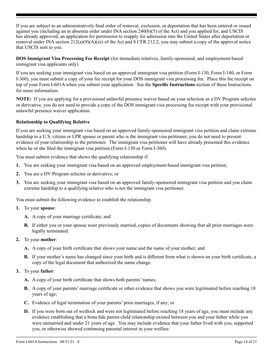 Instructions for USCIS Form I-601A Application for Provisional Unlawful Presence Waiver, Page 14