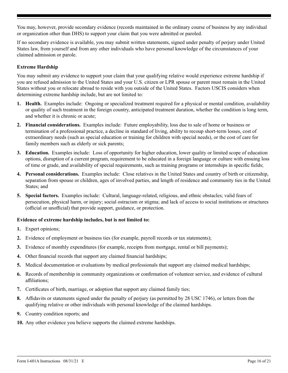 Instructions for USCIS Form I-601A Application for Provisional Unlawful Presence Waiver, Page 16