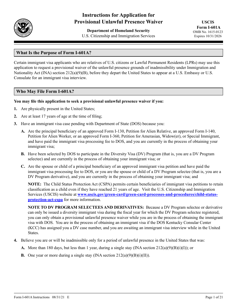 Instructions for USCIS Form I-601A Application for Provisional Unlawful Presence Waiver, Page 1