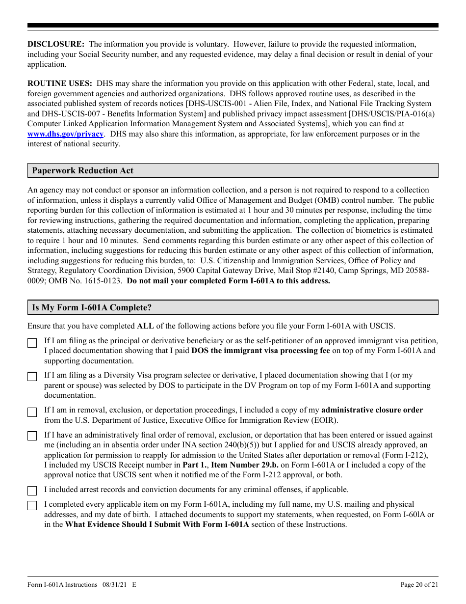 Instructions for USCIS Form I-601A Application for Provisional Unlawful Presence Waiver, Page 20
