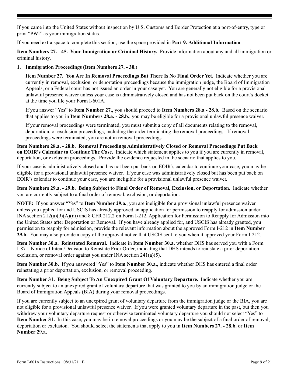 Instructions for USCIS Form I-601A Application for Provisional Unlawful Presence Waiver, Page 9