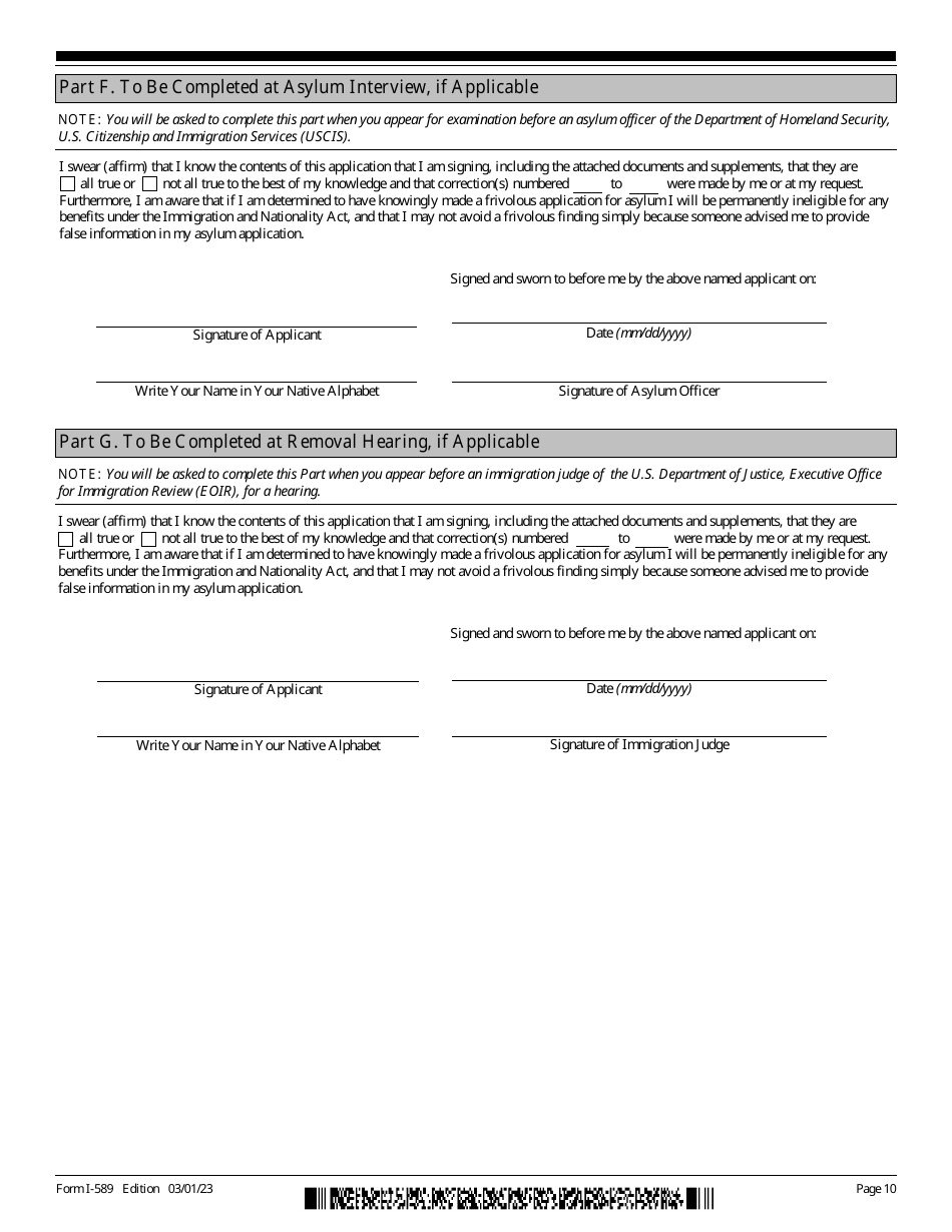 USCIS Form I-589 Application for Asylum and for Withholding of Removal, Page 10