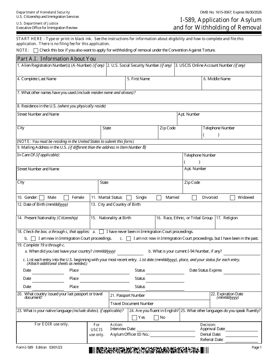 USCIS Form I-589 Application for Asylum and for Withholding of Removal, Page 1