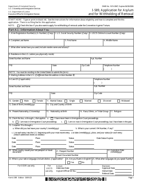 USCIS Form I-589  Printable Pdf