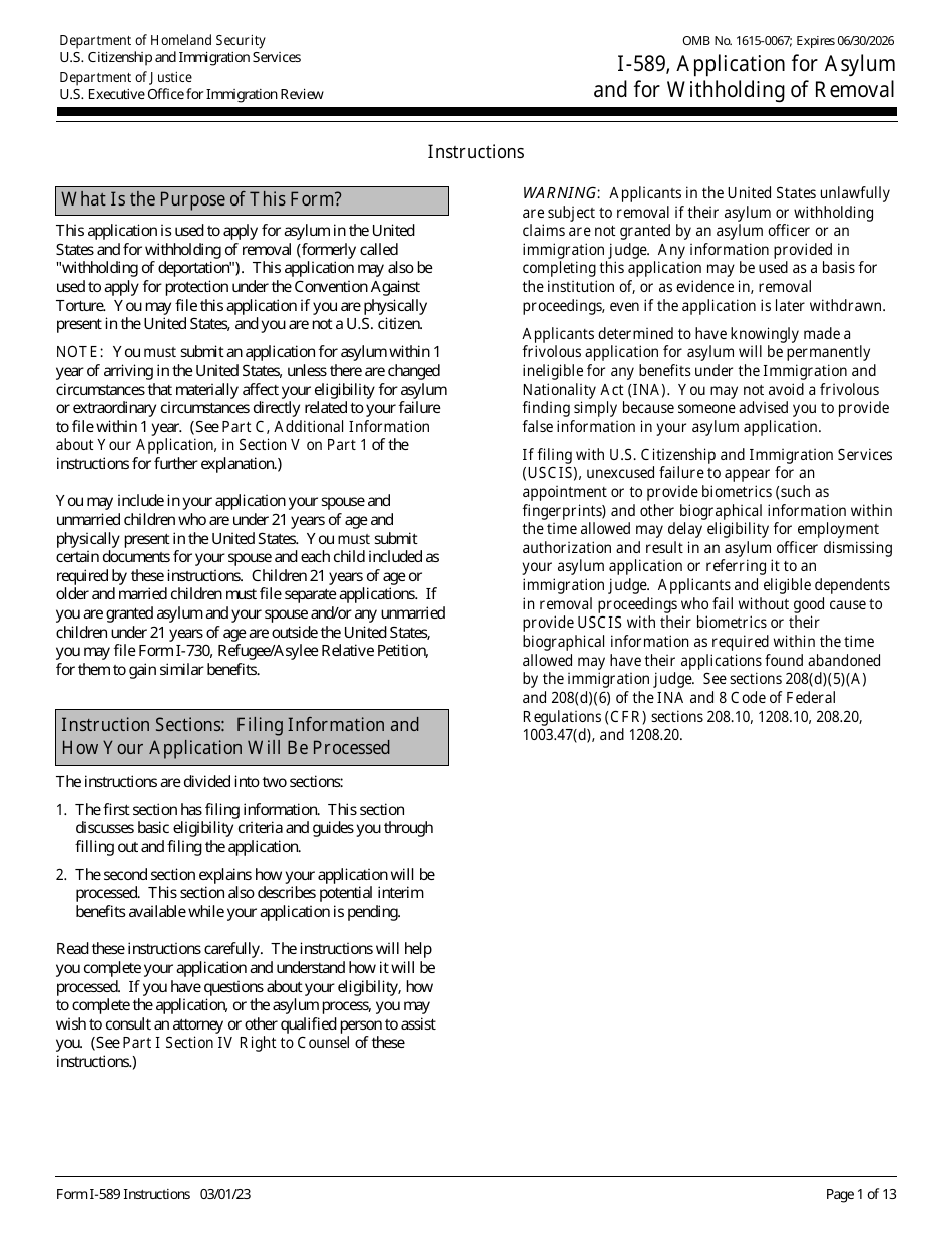 Download Instructions For USCIS Form I-589 Application For Asylum And ...