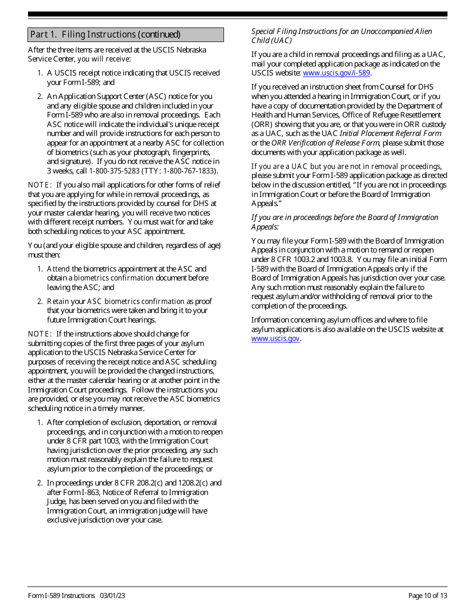 Instructions for USCIS Form I-589 Application for Asylum and for Withholding of Removal, Page 10
