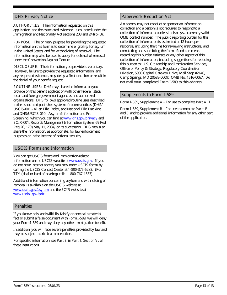 Instructions for USCIS Form I-589 Application for Asylum and for Withholding of Removal, Page 13