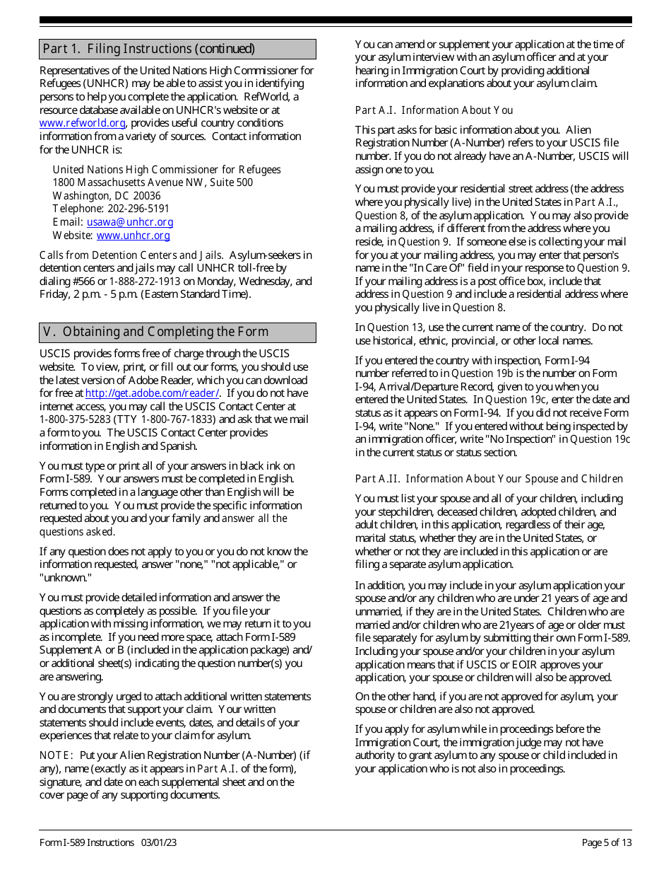 Instructions for USCIS Form I-589 Application for Asylum and for Withholding of Removal, Page 5