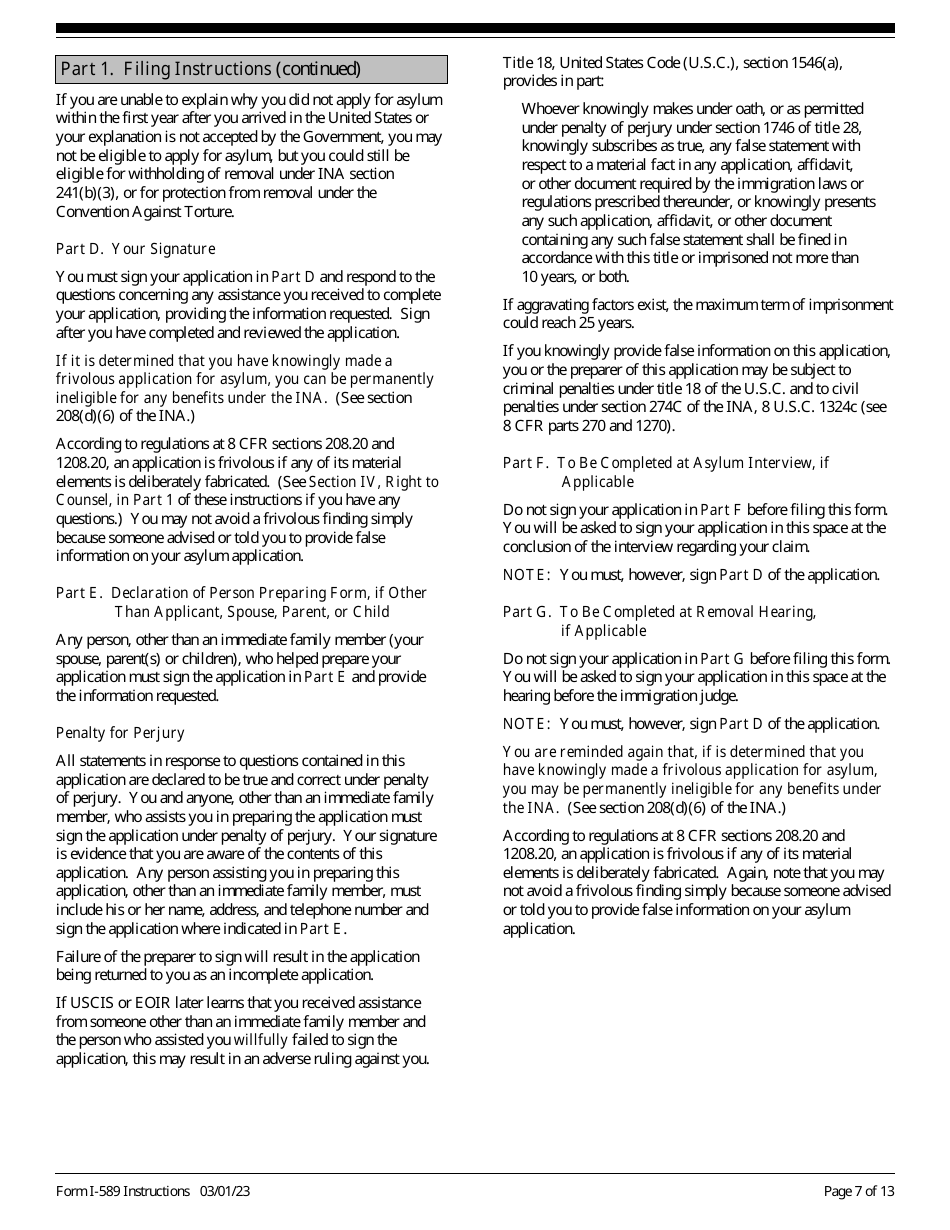 Instructions for USCIS Form I-589 Application for Asylum and for Withholding of Removal, Page 7
