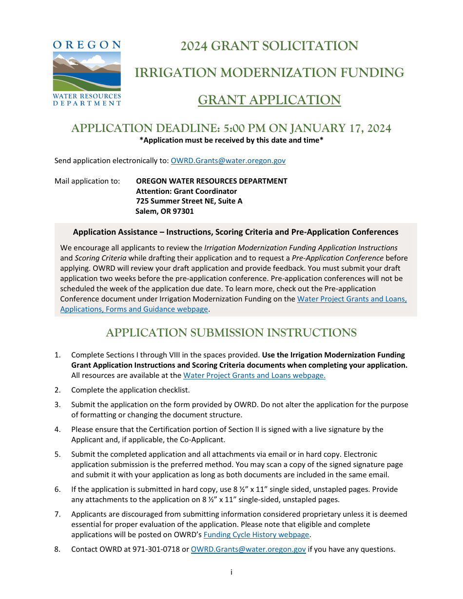 Irrigation Modernization Funding Grant Application - Oregon, Page 1