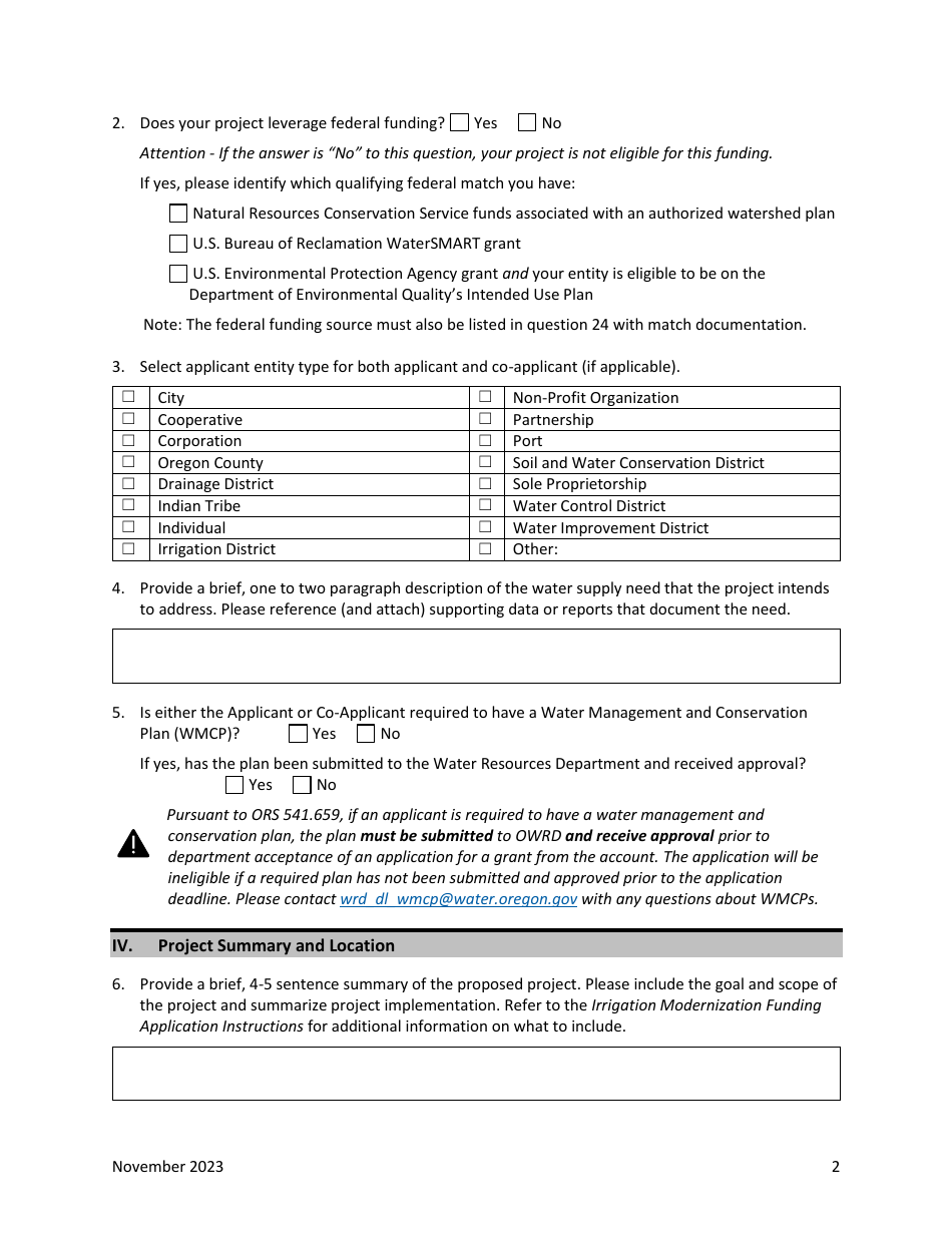 Irrigation Modernization Funding Grant Application - Oregon, Page 3