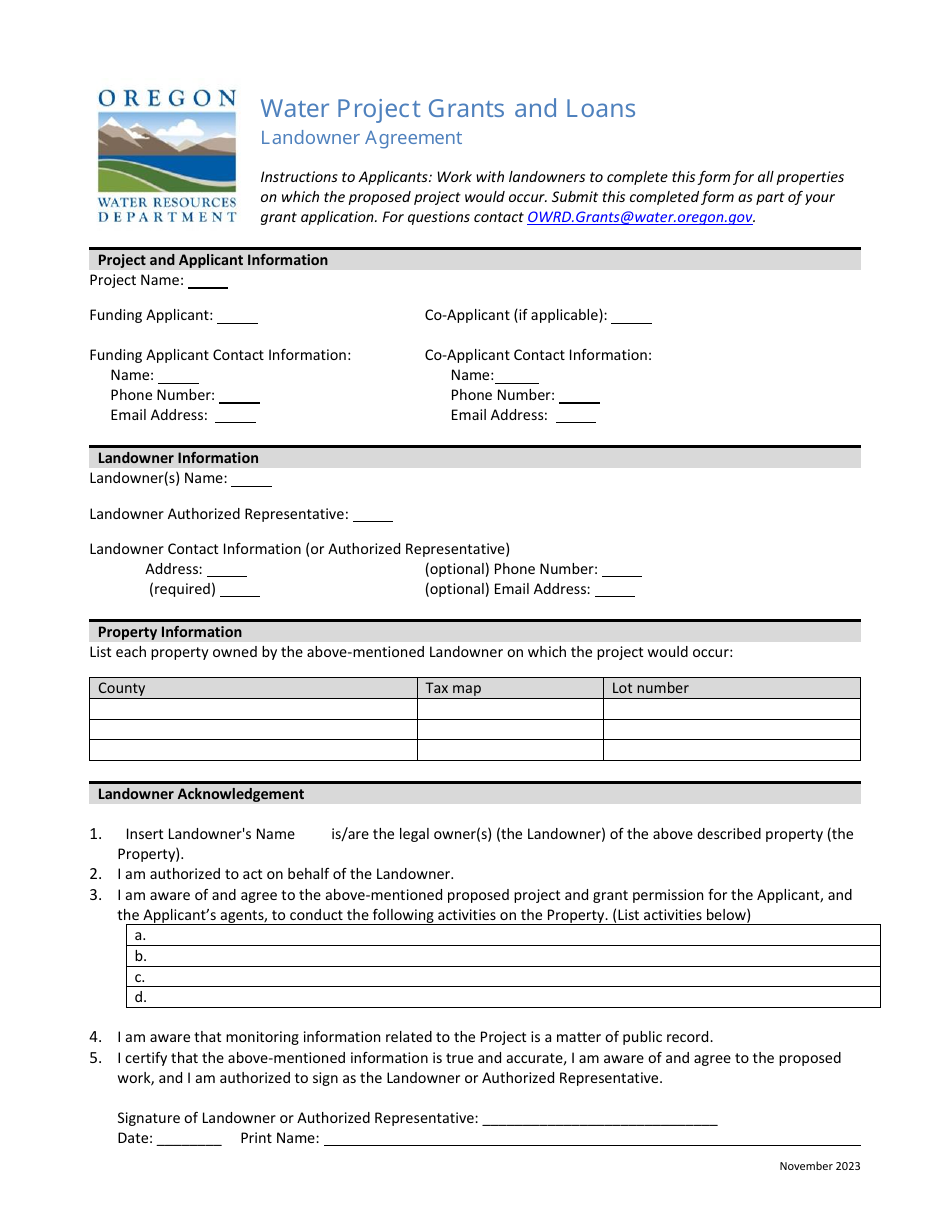 Oregon Landowner Agreement Water Project Grants and Loans Fill Out