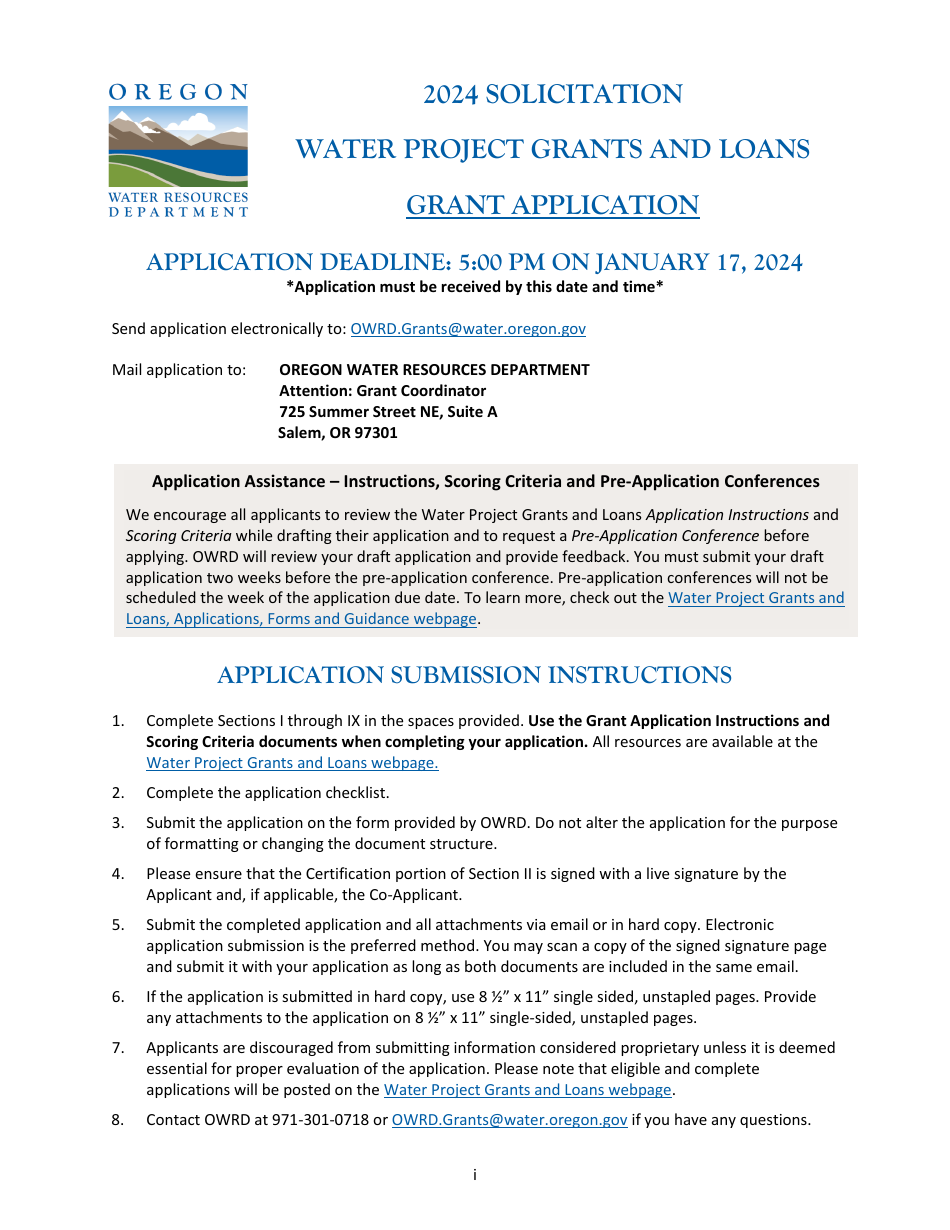 Water Project Grants and Loans Grant Application - Oregon, Page 1