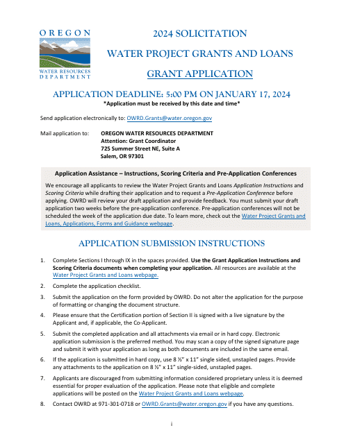 Water Project Grants and Loans Grant Application - Oregon Download Pdf