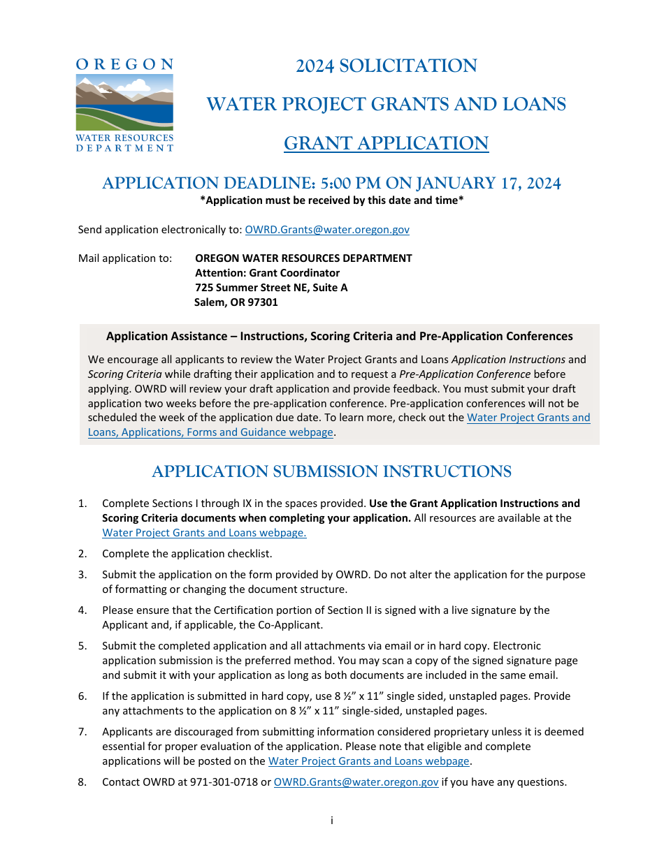 2024 Oregon Water Project Grants and Loans Grant Application Download