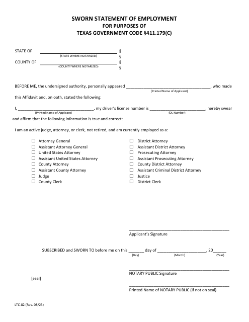 Form LTC-82 Sworn Statement of Employment for Purposes of Texas Government Code 411.179(C) - Texas