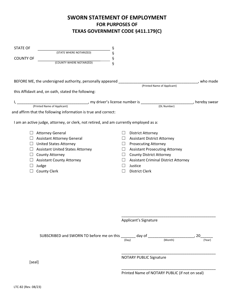 Form LTC-82 Sworn Statement of Employment for Purposes of Texas Government Code 411.179(C) - Texas, Page 1