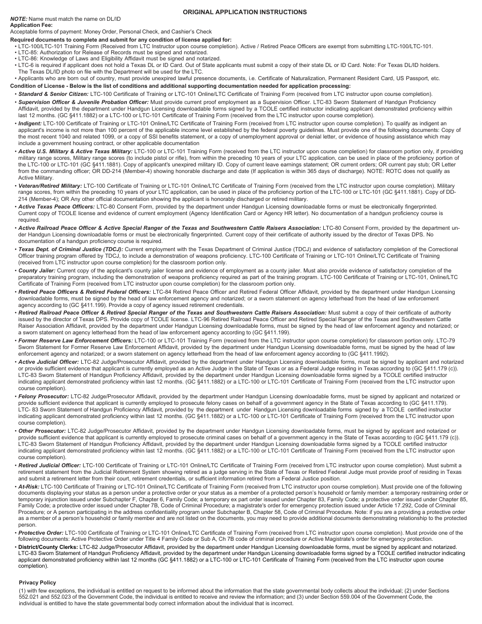Form LTC-78A Handgun Licensing Original Application - Texas, Page 2