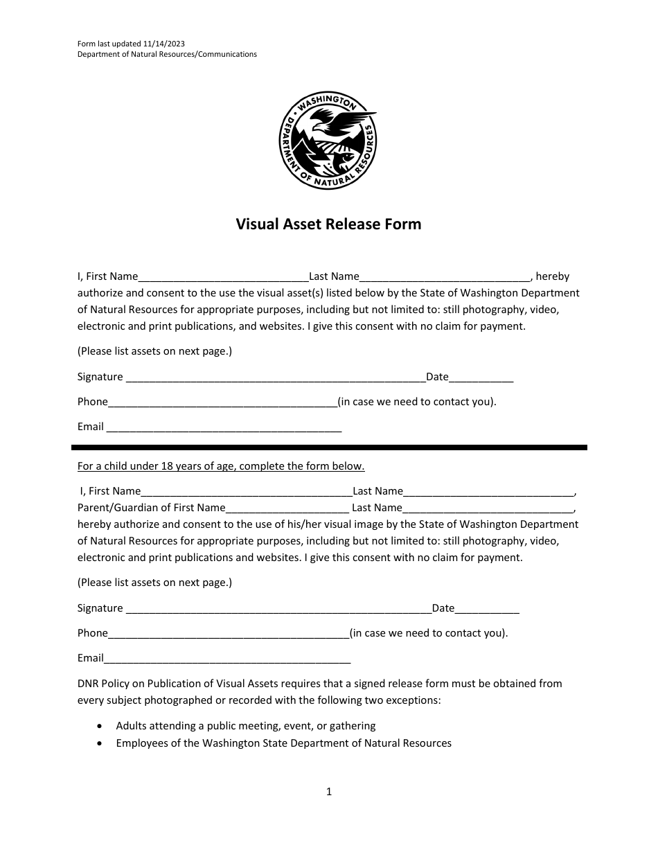 Visual Asset Release Form - Washington, Page 1