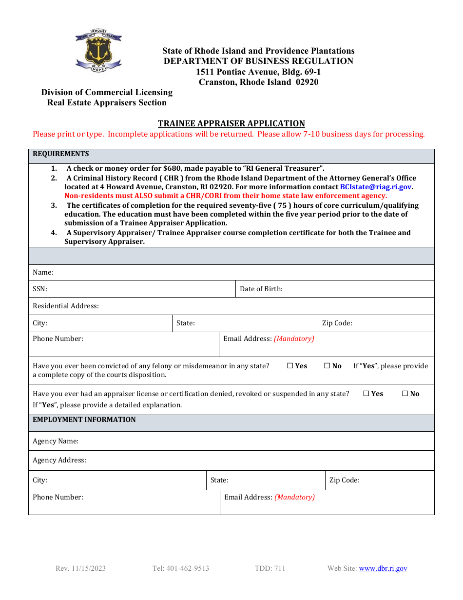 Trainee Appraiser Application - Rhode Island, Page 1