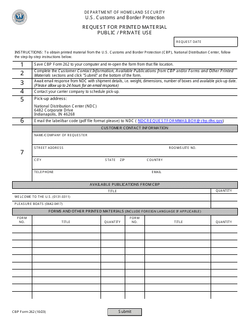 CBP Form 262  Printable Pdf