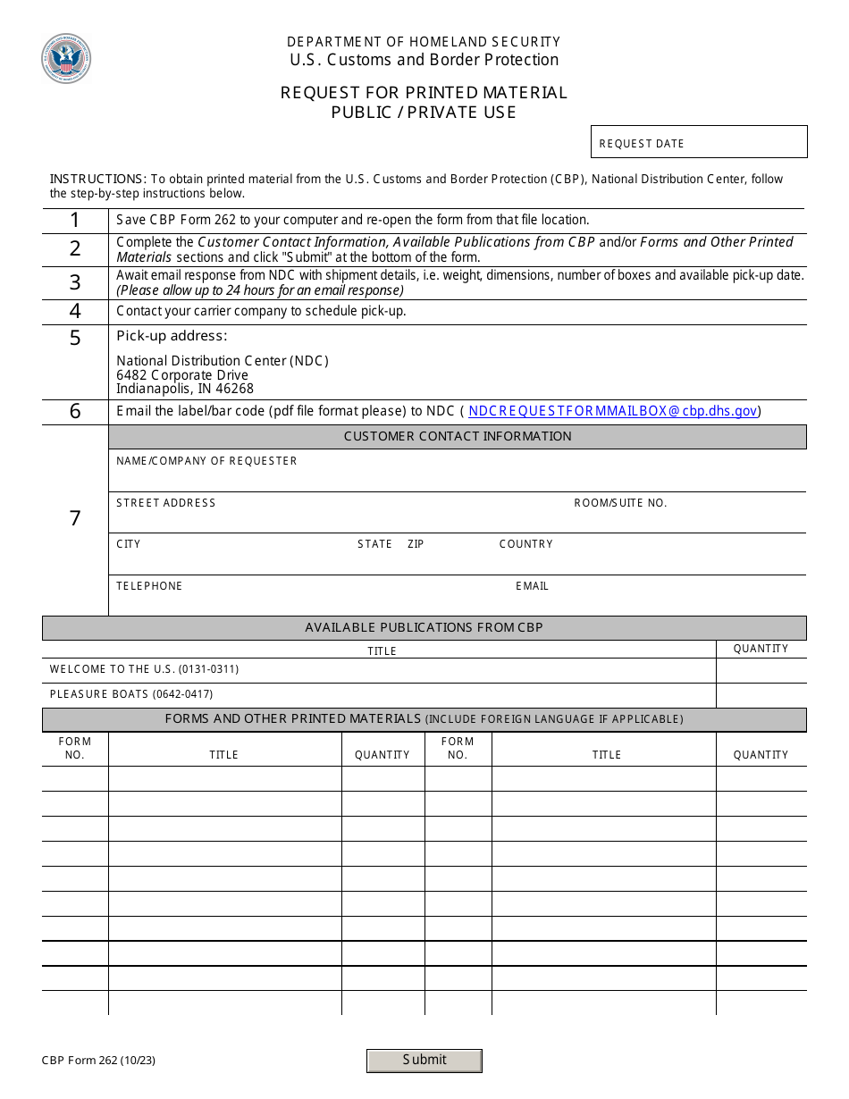 CBP Form 262 Request for Printed Material - Public / Private Use, Page 1