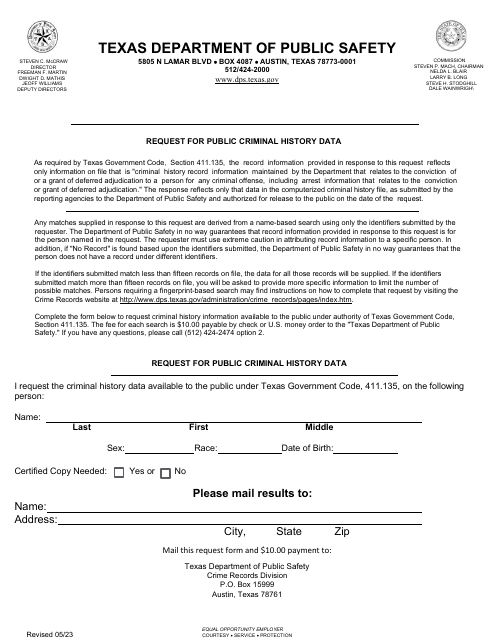 Form CR-42 Request for Public Criminal History Data - Texas