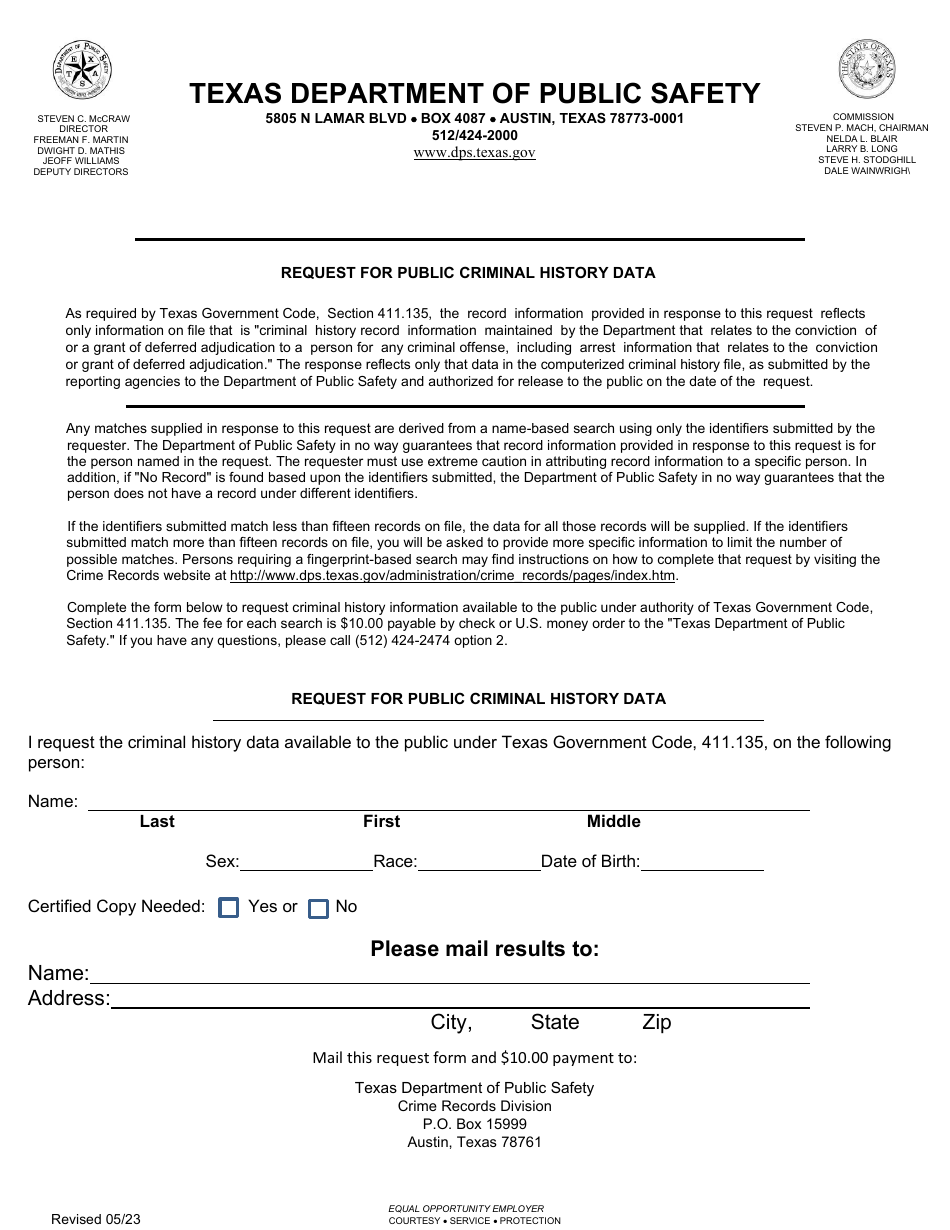 Form CR-42 Request for Public Criminal History Data - Texas, Page 1