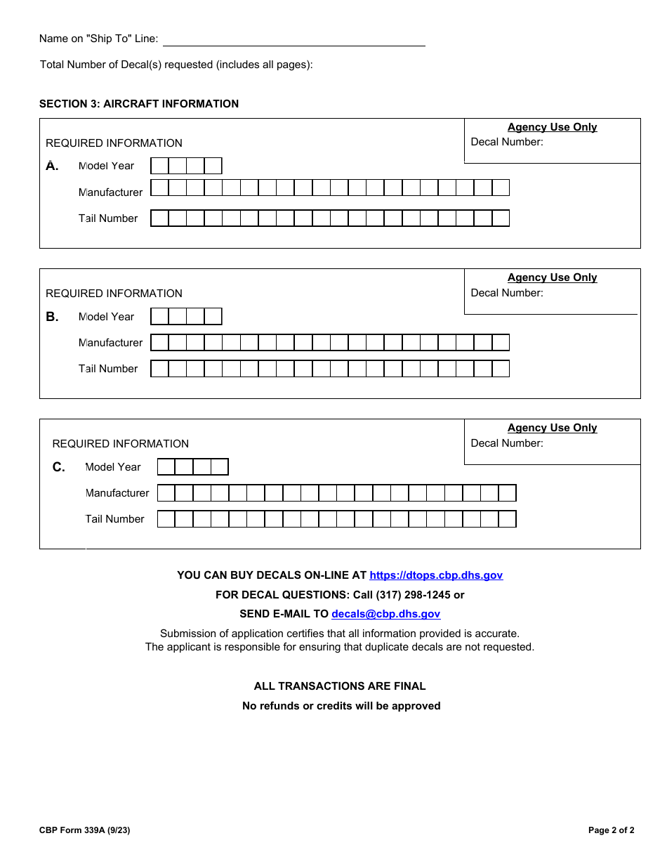 CBP Form 339A Annual User Fee Decal Request - Aircraft, Page 2