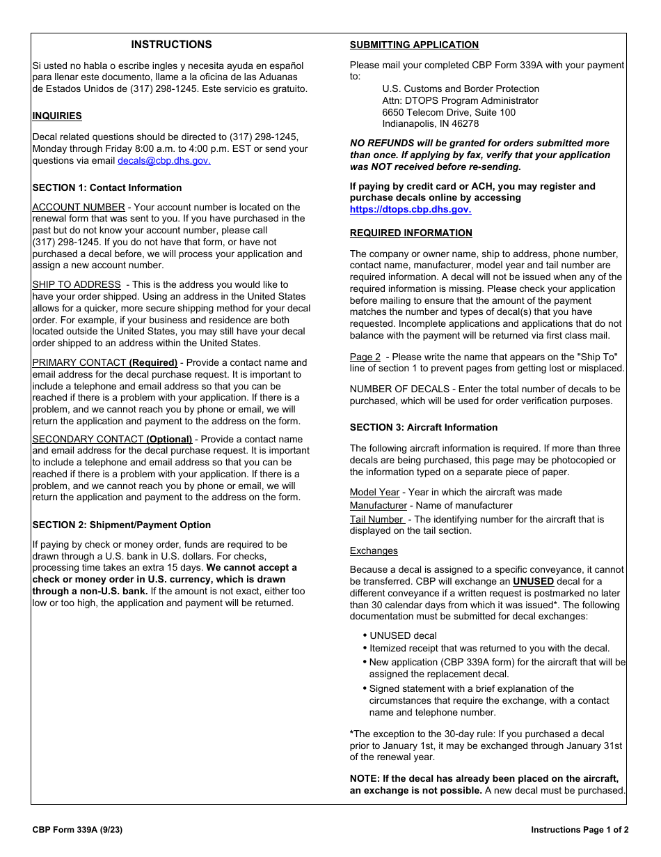 CBP Form 339A Annual User Fee Decal Request - Aircraft, Page 3