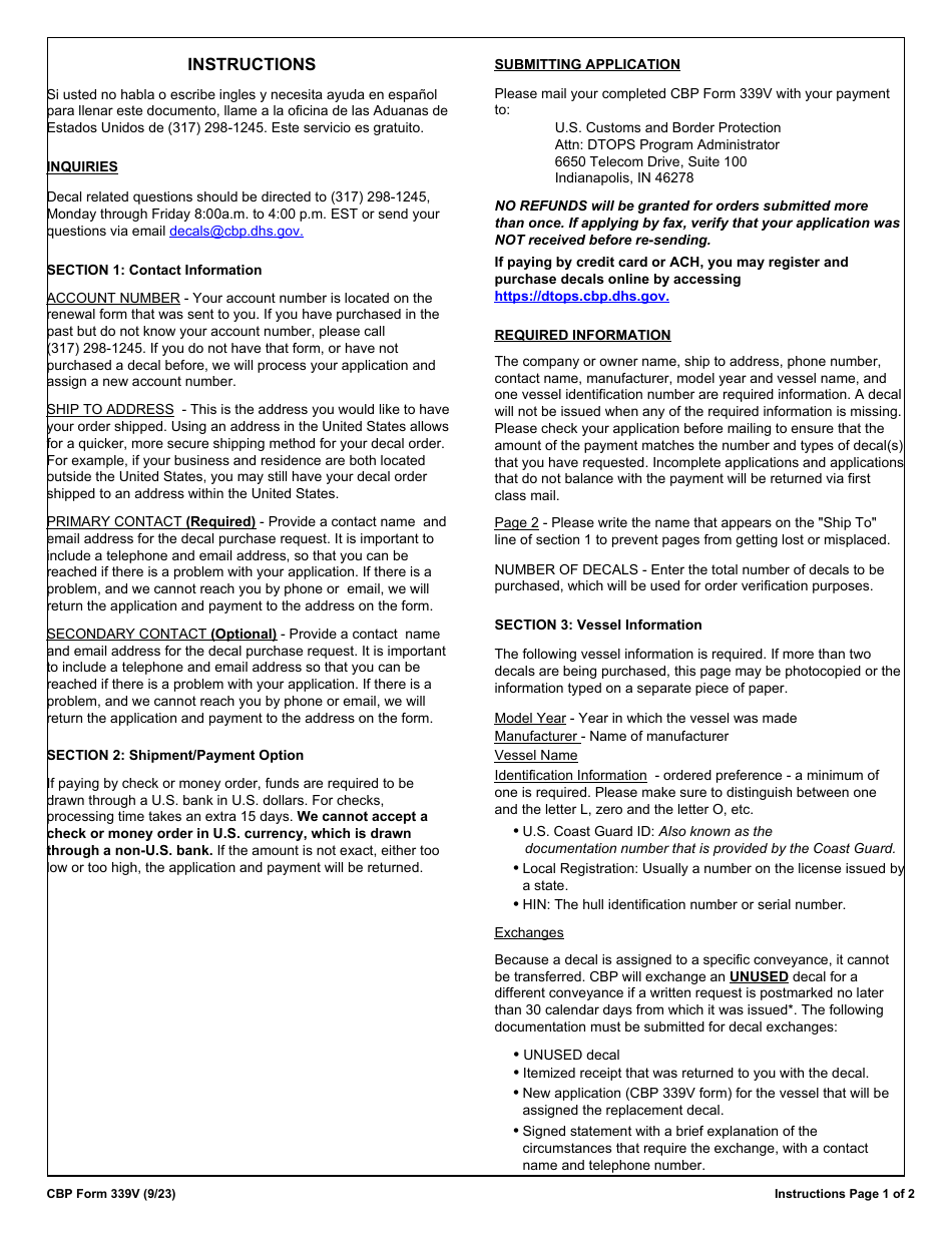 CBP Form 339V Annual User Fee Decal Request - Vessel, Page 3