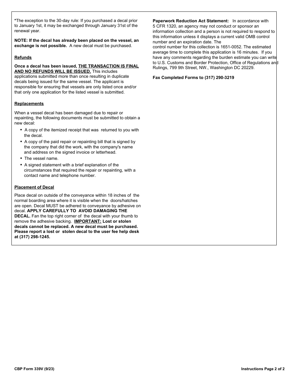 CBP Form 339V Annual User Fee Decal Request - Vessel, Page 4