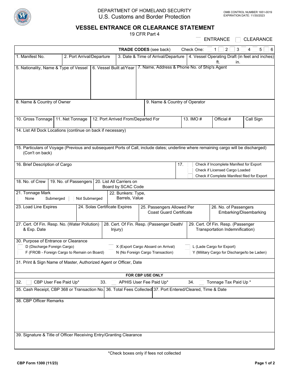 CBP Form 1300 Vessel Entrance or Clearance Statement, Page 1