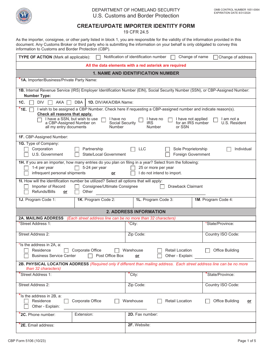 CBP Form 5106 Create / Update Importer Identity Form, Page 1