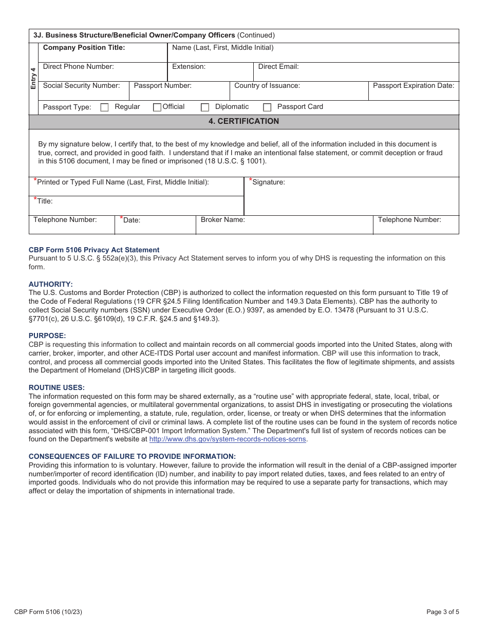 CBP Form 5106 Create / Update Importer Identity Form, Page 3