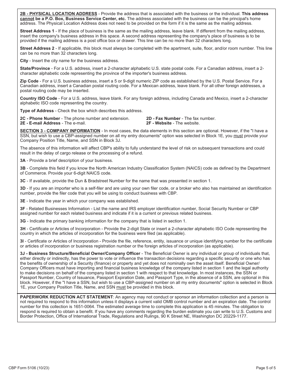 Cbp Form 5106 Download Fillable Pdf Or Fill Online Createupdate Importer Identity Form 2019 0891