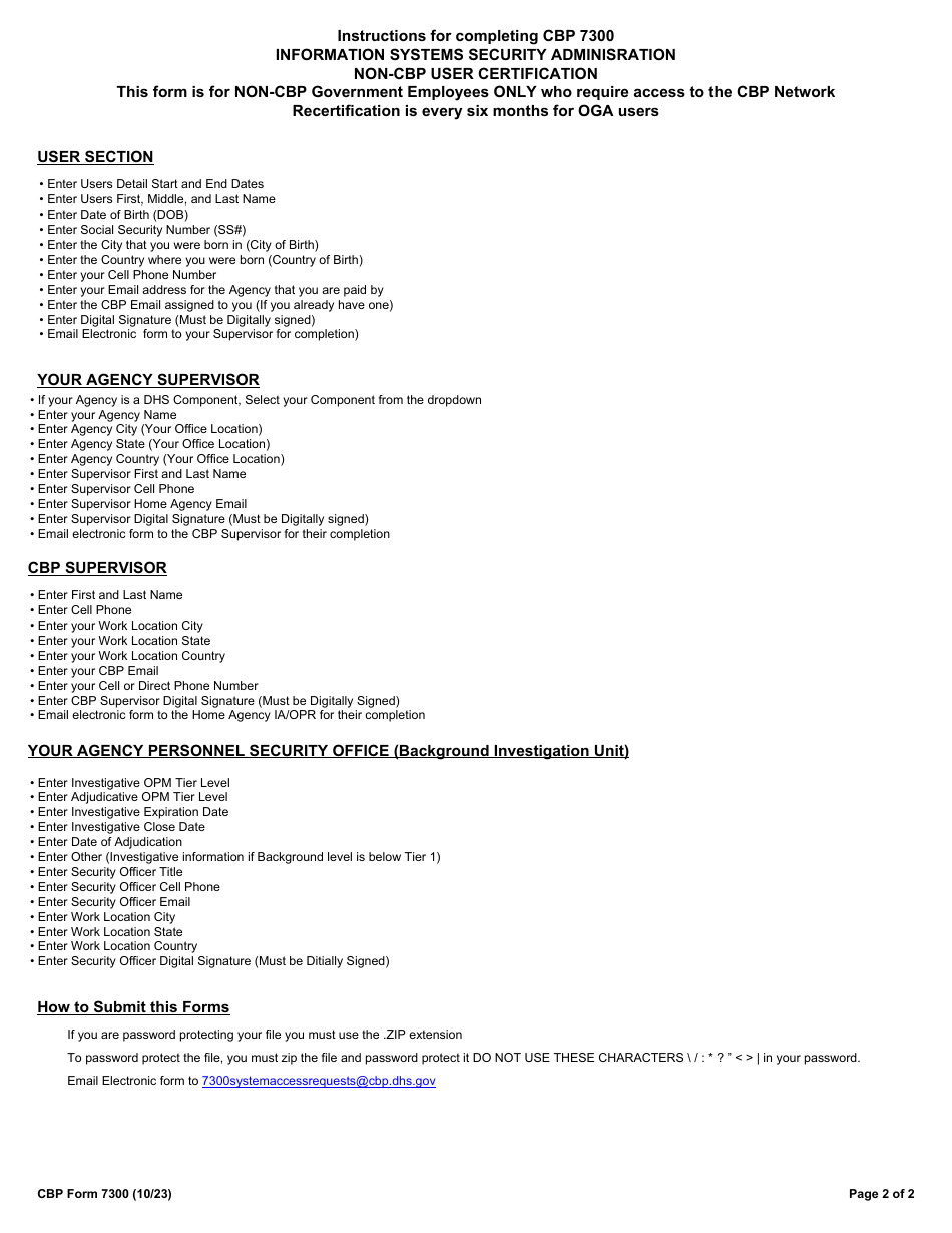 CBP Form 7300 Information Systems Security Administration Non-CBP User Certification, Page 2