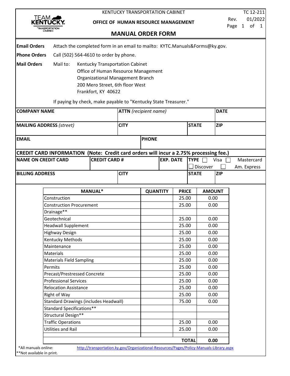 Form TC12-211 Manual Order Form - Kentucky, Page 1