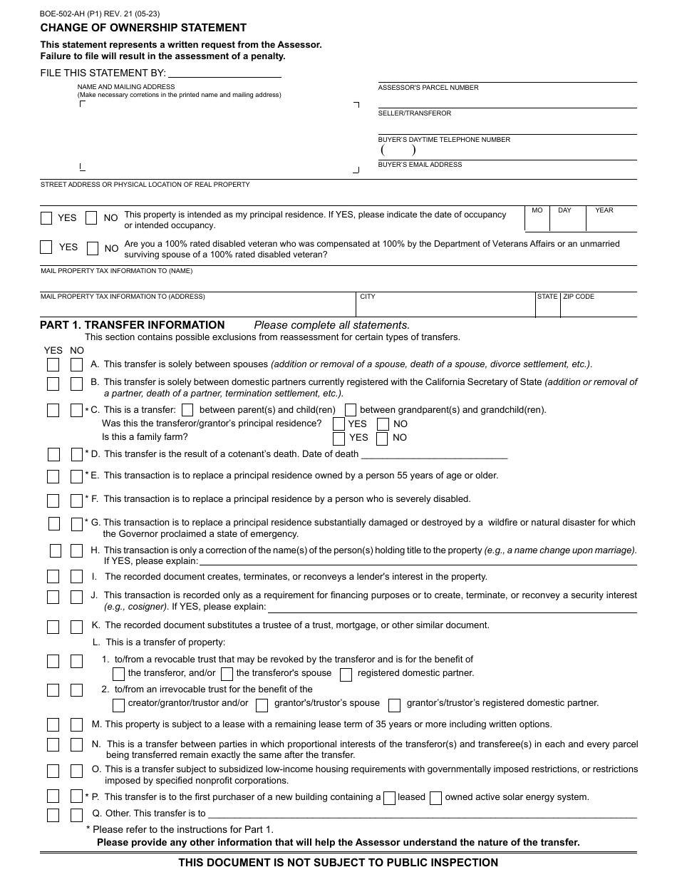 Form BOE-502-AH Change of Ownership Statement - California, Page 1